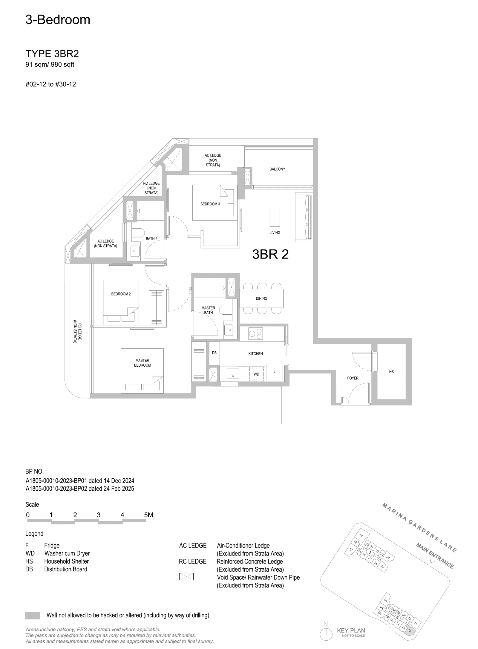 3BR2 floor plan, 980 sqft