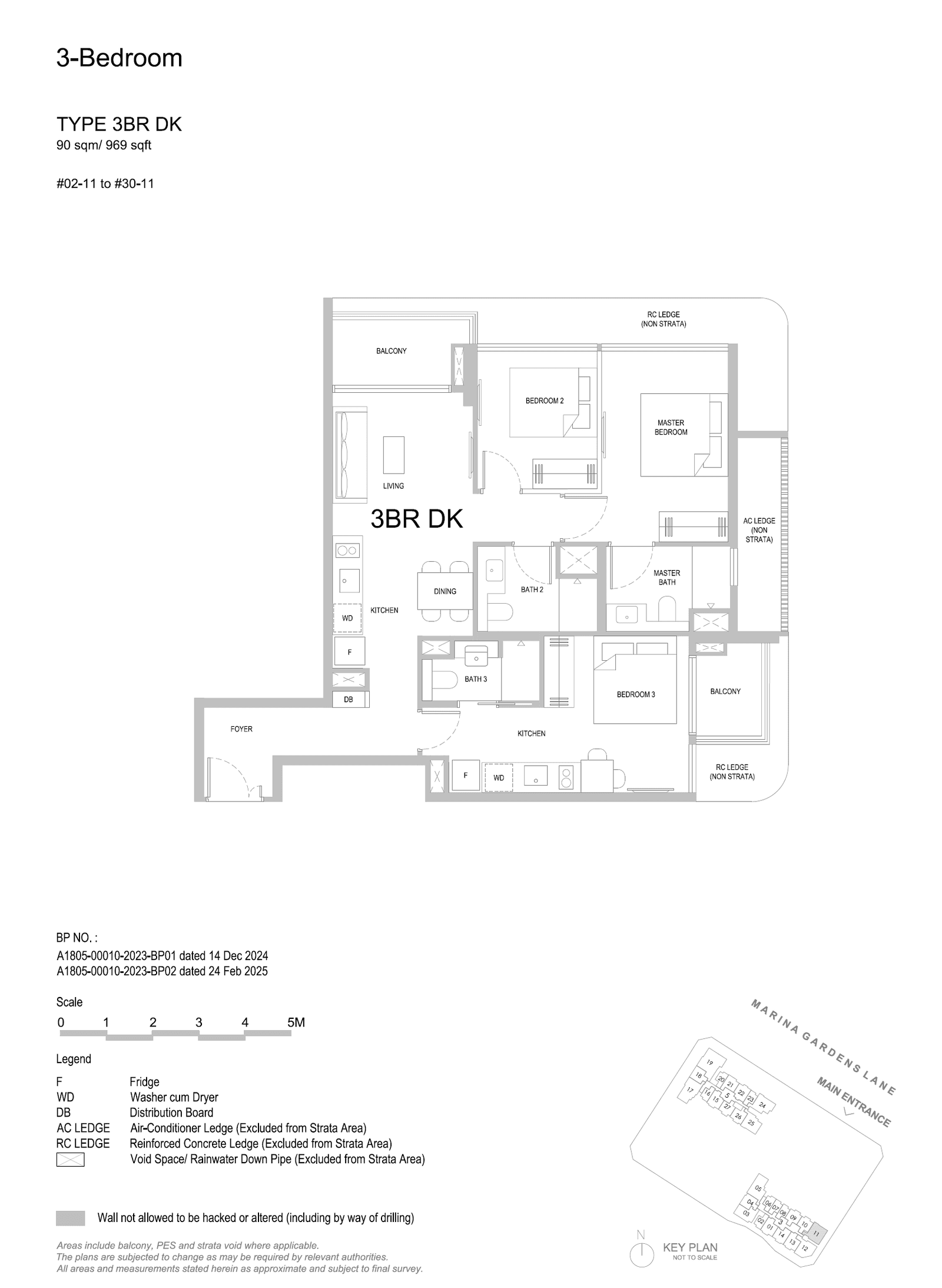 3BR DK floor plan, 969 sqft